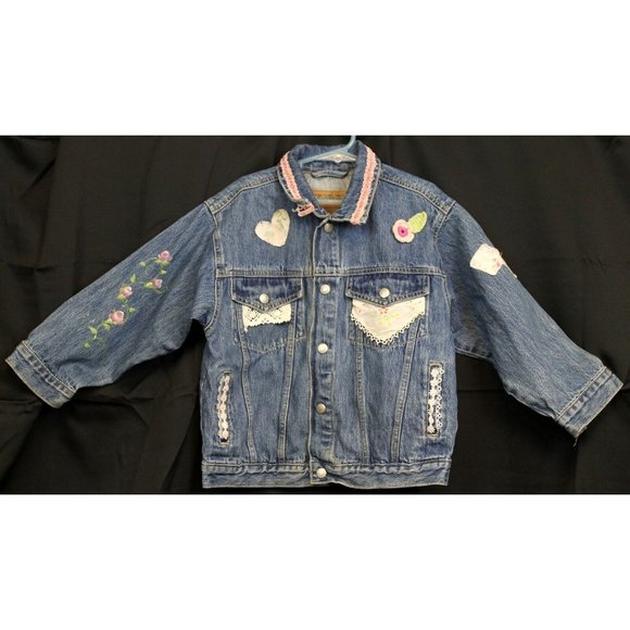 OshKosh B'Gosh Girls Sz 6 Denim Jean Jacket Customize Floral Patches HandPainted - Picture 1 of 12
